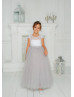 Cap Sleeves Ivory Lace Gray Tulle Flower Girl Dress